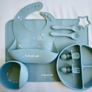 silicone baby feeding set, baby plate bowl set, BPA free baby tableware, toddler feeding kit, baby bib set, baby spoon fork set